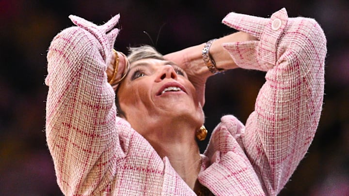 Feb 23, 2025; Iowa City, Iowa, USA; Iowa Hawkeyes head coach Jan Jensen reacts during the fourth quarter against the UCLA Bruins at Carver-Hawkeye Arena. Mandatory Credit: Jeffrey Becker-Imagn Images