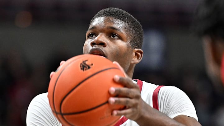 Nov 21, 2024; Spokane, Washington, USA; Washington State Cougars guard Cedric Coward (0) shoots a free throw against the Eastern Washington Eagles in the second half at Spokane Veterans Memorial Arena. Mandatory Credit: James Snook-Imagn Images