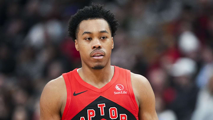 Apr 12, 2026; Toronto, Ontario, CAN;  Toronto Raptors Scottie Barnes (4) during the first half against the Brooklyn Nets at Scotiabank Arena. Mandatory Credit: Kevin Sousa-Imagn Images
