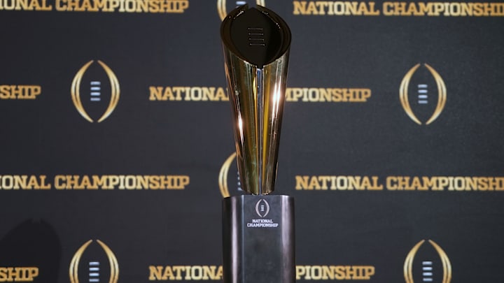 Jan 9, 2024; Houston, TX, USA; The College Football National Championship trophy at press conference