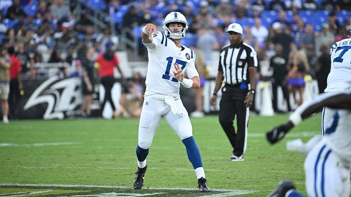 Aug 7, 2025; Baltimore, Maryland, USA; Indianapolis Colts quarterback Daniel Jones (17) attempts a pass against the Baltimore Ravens during the first quarter at M&T Bank Stadium. Mandatory Credit: Rafael Suanes-Imagn Images Aug 7, 2025; Baltimore, Maryland, USA; Indianapolis Colts quarterback Daniel Jones (17) attempts a pass against the Baltimore Ravens during the first quarter at M&T Bank Stadium. Mandatory Credit: Rafael Suanes-Imagn Images