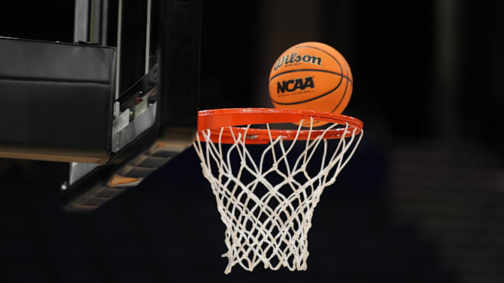 Apr 3, 2025; Tampa, FL, USA; A Wilson EVO Nxt basketball ball with the 2025 NCAA Women's Final Four logo approaches the rim and the net at Amalie Arena. Mandatory Credit: Kirby Lee-Imagn Images