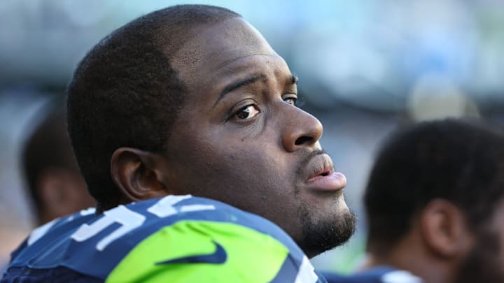 SEATTLE, WASHINGTON - SEPTEMBER 4: Seattle Seahawks defensive tackle Brandon Mebane (92) sits on the bench during an NFL between the Seattle Seahawks and Green Bay Packers atLincoln Financial Field on September 4, 2014 in Seattle, Washington. The Seahawks won 36-16. SEATTLE, WASHINGTON - SEPTEMBER 4: Seattle Seahawks defensive tackle Brandon Mebane (92) sits on the bench during an NFL between the Seattle Seahawks and Green Bay Packers atLincoln Financial Field on September 4, 2014 in Seattle, Washington. The Seahawks won 36-16.