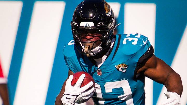 Jacksonville Jaguars running back Bhayshul Tuten (33) returns a kick off in the first quarter during an NFL football game at EverBank Stadium, Sunday, Dec. 14, 2025, in Jacksonville, Fla. 