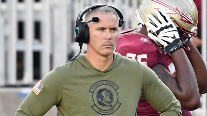 Nov 2, 2024; Tallahassee, Florida, USA; Florida State Seminoles head coach Mike Norvell looks on from the sideline after the North Carolina Tarheels score a final touchdown in the fourth quarter at Doak S. Campbell Stadium. 