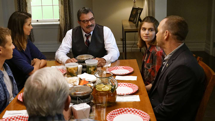 "Cutting Losses" -- Danny contemplates retiring until Erin enlists him to help her with a case involving her ex-husband, Jack (Peter Hermann). Also, Jamie and Eddie go undercover as a couple, and Frank butts heads with the new mayor of New York City, Margaret Dutton (Lorraine Bracco), on the eighth season premiere of BLUE BLOODS, Friday, Sept. 29 (10:00-11:00 PM, ET/PT) on the CBS Television Network. Pictured: Will Estes, Bridget Moynihan, Tom Selleck, Sami Gayle, Donnie Wahlberg, Len Cariou.