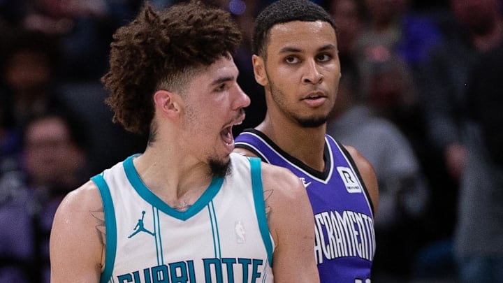 Feb 24, 2025; Sacramento, California, USA; Charlotte Hornets guard LaMelo Ball (1) argues a call during the second quarter of the game against the Sacramento Kings at Golden 1 Center. Mandatory Credit: Ed Szczepanski-Imagn Images