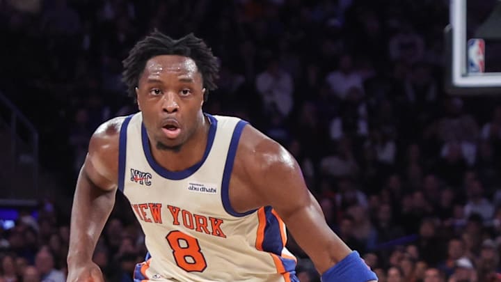 Nov 11, 2025; New York, New York, USA;  New York Knicks forward OG Anunoby (8) looks for an open teammate in the second quarter against the Memphis Grizzlies at Madison Square Garden. Mandatory Credit: Wendell Cruz-Imagn Images
