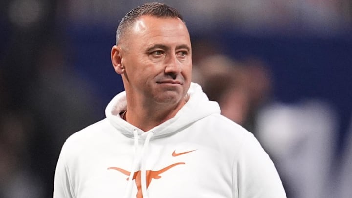 Dec 7, 2024; Atlanta, GA, USA; Texas Longhorns head coach Steve Sarkisian before the 2024 SEC Championship game against the Georgia Bulldogs at Mercedes-Benz Stadium. Mandatory Credit: Dale Zanine-Imagn Images