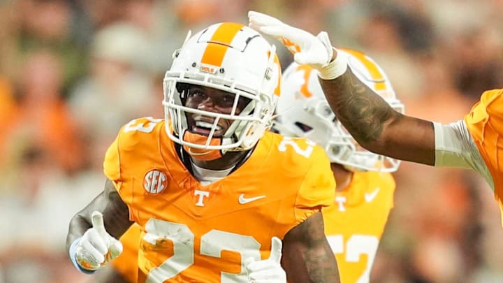 Tennessee defensive back Boo Carter (23) and Tennessee defensive back John Slaughter (12) celebrate after a play during a college football game between Tennessee and Mississippi State at Neyland Stadium in Knoxville, Tenn., on Saturday, Nov. 9, 2024.
