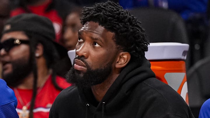 Mar 7, 2026; Atlanta, Georgia, USA; Philadelphia 76ers center/forward Joel Embiid (21) shown on the bench during the game against the Atlanta Hawks during the first half at State Farm Arena. Mandatory Credit: Dale Zanine-Imagn Images