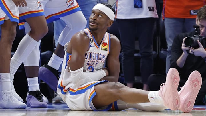 Mar 15, 2026; Oklahoma City, Oklahoma, USA; Oklahoma City Thunder guard Shai Gilgeous-Alexander (2) looks up at his team after scoring against the Minnesota Timberwolves during the second half at Paycom Center. Mandatory Credit: Alonzo Adams-Imagn Images