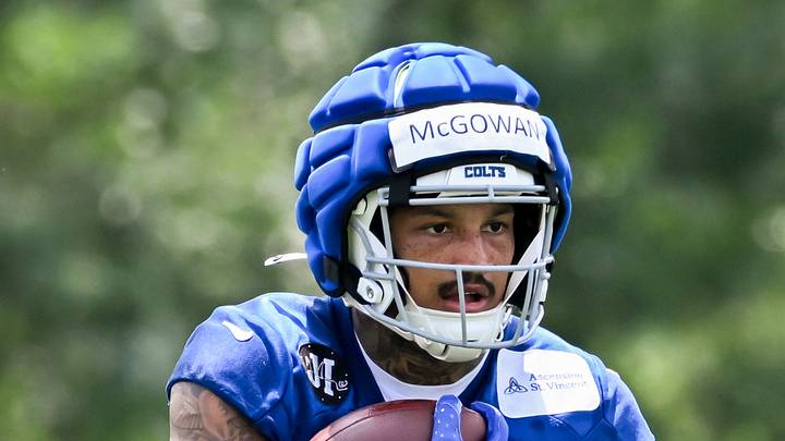 Indianapolis Colts running back Seth McGowan (20) participates in a drill during minicamp