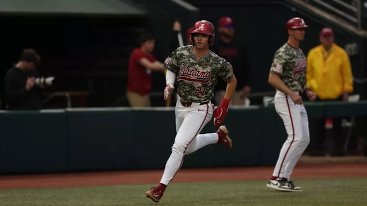 Alabama Baseball Player Andrew Purdy (21) in action against Washington State at Sewell-Thomas Stadium in Tuscaloosa, AL on Saturday, Feb 14, 2026.