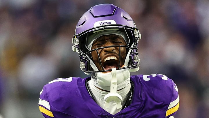 Dec 8, 2024; Minneapolis, Minnesota, USA; Minnesota Vikings wide receiver Jordan Addison (3) celebrates his catch against the Atlanta Falcons during the fourth quarter at U.S. Bank Stadium. Mandatory Credit: Matt Krohn-Imagn Images Dec 8, 2024; Minneapolis, Minnesota, USA; Minnesota Vikings wide receiver Jordan Addison (3) celebrates his catch against the Atlanta Falcons during the fourth quarter at U.S. Bank Stadium. Mandatory Credit: Matt Krohn-Imagn Images
