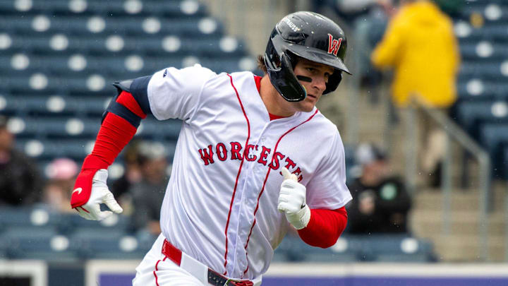 Worcester left fielder Roman Anthony runs on a fly ball against the Durham Bulls May 23.