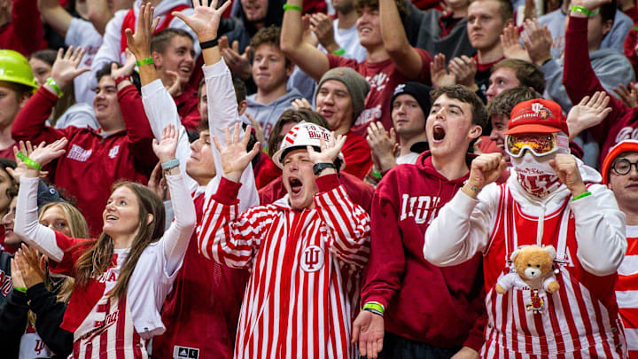 People in Indiana's student section cheer a dunk during the first half of the Indiana versus Penn State men's basketball game at Simon Skjodt Assembly Hall on Saturday, Feb. 3, 2024. People in Indiana's student section cheer a dunk during the first half of the Indiana versus Penn State men's basketball game at Simon Skjodt Assembly Hall on Saturday, Feb. 3, 2024.