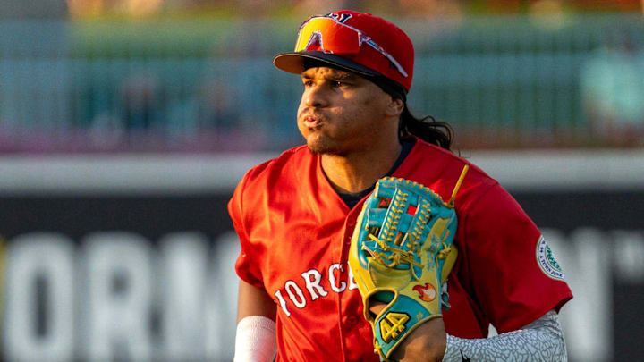Worcester center fielder Jhostynxon Garcia runs off the field at Polar Park July 29.