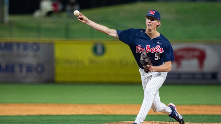 Ole Mississippi Rebels' Taylor Rabe (50) pitches against the Southern Miss Golden Eagles at Trustmark Park in Pearl, Miss., on Tuesday, March 18, 2025.