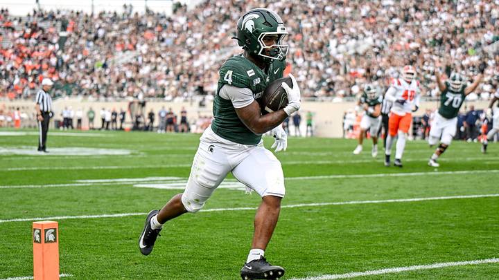 Michigan State’s Jaziun Patterson scores a touchdown against Illinois during the second quarter on Saturday, Oct. 10, 2026, at Spartan Stadium in East Lansing.