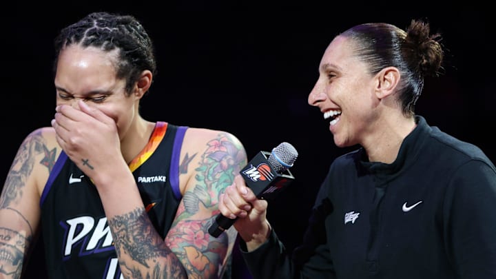 Phoenix Mercury center Brittney Griner (42) laughs while Phoenix Mercury guard Diana Taurasi (3) speaks during the 2014 Phoenix Mercury championship team reunion on Friday, Sept. 13, 2024 at Footprint Center in Phoenix.