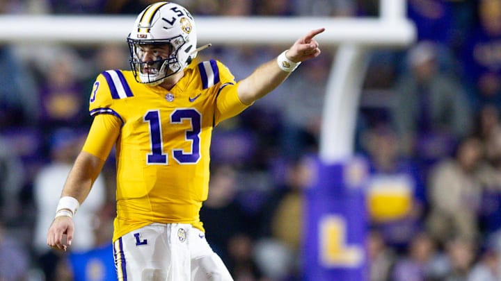 LSU Tigers QB Garrett Nussmeier signals a first down against the Vanderbilt Commodores during the second half at Tiger Stadium