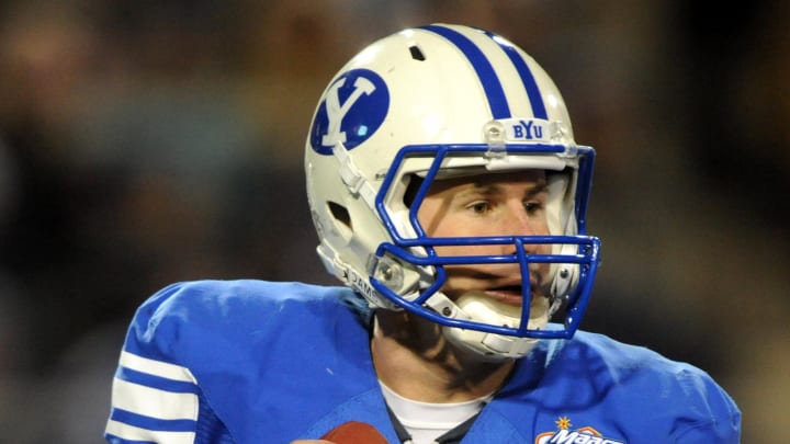 Dec 22, 2009; Las Vegas, NV, USA; BYU Cougars quarterback Max Hall (15) throws a pass during the Cougars' 44-20 victory over the Oregon State Beavers in the 2009 Las Vegas Bowl at Sam Boyd Stadium. Mandatory Credit: Kirby Lee/Image of Sport-USA TODAY Sports