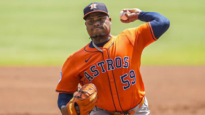 Framber Valdez of Houston Astros throws pitch from left hand.
