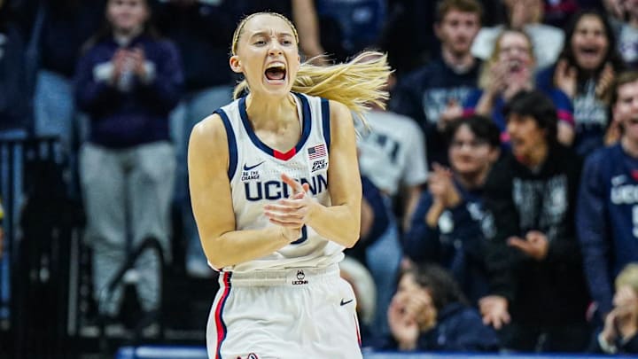 Nov 10, 2024; Storrs, Connecticut, USA; UConn Huskies guard Paige Bueckers (5) reacts after a basket against the South Florida Bulls in the first half at Harry A. Gampel Pavilion. Mandatory Credit: David Butler II-Imagn Images Nov 10, 2024; Storrs, Connecticut, USA; UConn Huskies guard Paige Bueckers (5) reacts after a basket against the South Florida Bulls in the first half at Harry A. Gampel Pavilion. Mandatory Credit: David Butler II-Imagn Images