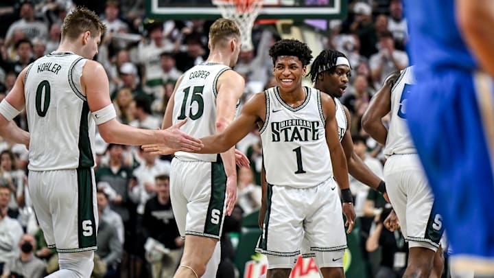 Michigan State's Jeremy Fears Jr., right, celebrates during a timeout against UCLA in the first half on Tuesday, Feb. 17, 2026, at the Breslin Center in East Lansing. Michigan State's Jeremy Fears Jr., right, celebrates during a timeout against UCLA in the first half on Tuesday, Feb. 17, 2026, at the Breslin Center in East Lansing.