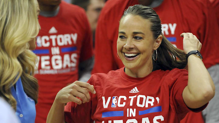 Jul 20, 2015; Las Vegas, NV, USA; San Antonio Spurs head coach Becky Hammon smiles as she prepares
