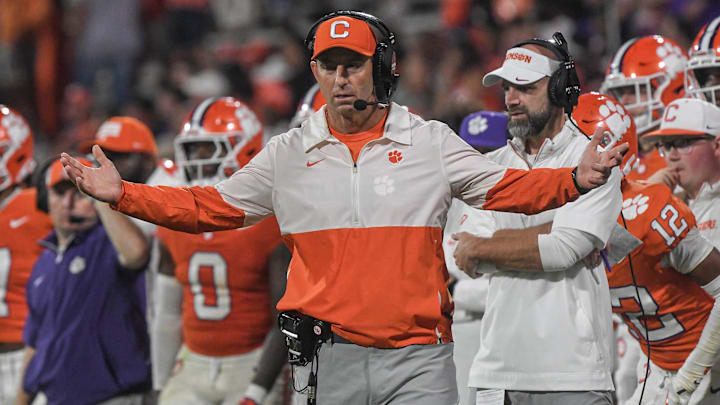 Nov 2, 2024; Clemson, South Carolina, USA; Clemson Tigers head coach Dabo Swinney reacts during the fourth quarter against the Louisville Cardinals at Memorial Stadium.