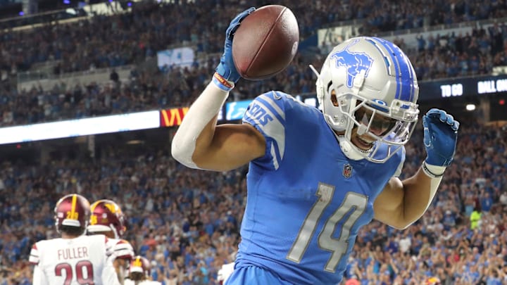 Detroit Lions wide receiver Amon-Ra St. Brown celebrates his touchdown catch against the Washington Commanders during the first half at Ford Field, Sept. 18, 2022.
Nfl Washington Commanders At Detroit Lions Detroit Lions wide receiver Amon-Ra St. Brown celebrates his touchdown catch against the Washington Commanders during the first half at Ford Field, Sept. 18, 2022.
Nfl Washington Commanders At Detroit Lions