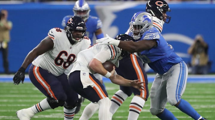 Detroit Lions defensive tackle Levi Onwuzurike sacks Andy Dalton in 2021. Onwuzurike is among the top available D-line free agents.