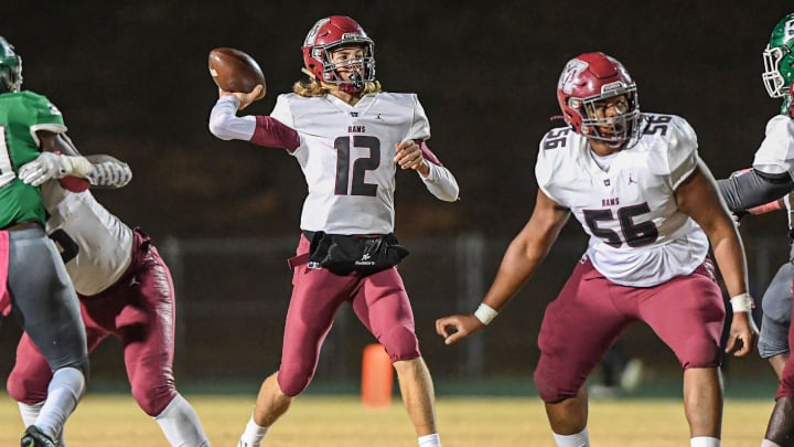 Westside High quarterback Cutter Woods (12) passes the ball during the first quarter at Easley High in Easley, S.C. Friday, October 21, 2022.

Westside High Football Vs Easley High Green Wave In Easley S C