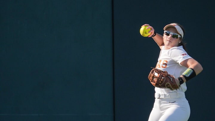 Texas utility Leighann Goode (43) passes infield as the Longhorns play Texas State at McCombs Field on Wednesday, April 10, 2024.