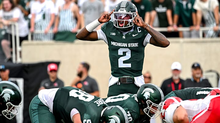 Michigan State's Aiden Chiles communicates with teammates before the snap against Youngstown State during the second quarter on Saturday, Sept. 13, 2025, at Spartan Stadium in East Lansing.