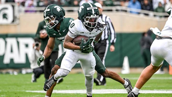 Michigan State's Cam Edwards runs the ball during the football Spring Showcase on Saturday, April 18, 2026, at Spartan Stadium in East Lansing. Michigan State's Cam Edwards runs the ball during the football Spring Showcase on Saturday, April 18, 2026, at Spartan Stadium in East Lansing.