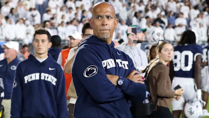 Oct 11, 2025; University Park, Pennsylvania, USA; Penn State Nittany Lions head coach James Franklin stands on the field following the game against the Northwestern Wildcats at Beaver Stadium. Mandatory Credit: Matthew O'Haren-Imagn Images