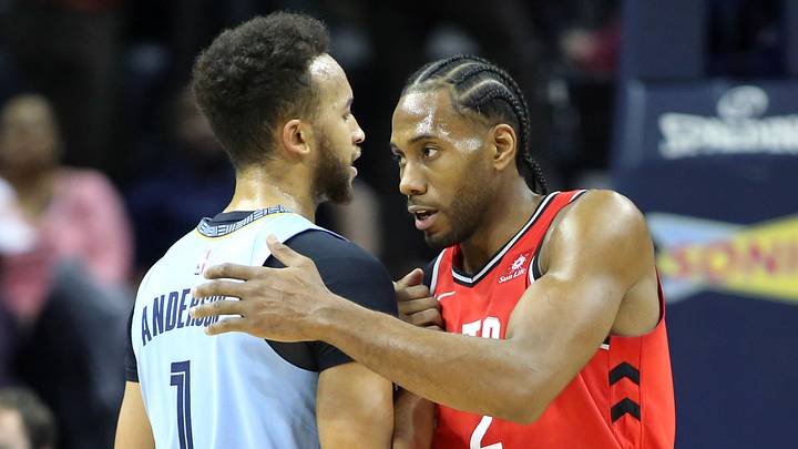 Nov 27, 2018; Memphis, TN, USA; Toronto Raptors forward Kawhi Leonard (2) shakes hands with Memphis Grizzlies forward Kyle Anderson (1) after the game at FedExForum. Toronto won 122-114. Mandatory Credit: Nelson Chenault-USA TODAY Sports Nov 27, 2018; Memphis, TN, USA; Toronto Raptors forward Kawhi Leonard (2) shakes hands with Memphis Grizzlies forward Kyle Anderson (1) after the game at FedExForum. Toronto won 122-114. Mandatory Credit: Nelson Chenault-USA TODAY Sports