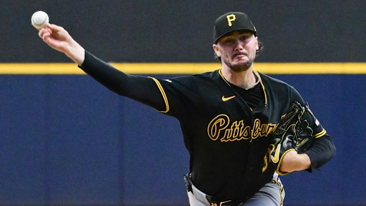 Apr 24, 2026; Milwaukee, Wisconsin, USA; Pittsburgh Pirates starting pitcher Paul Skenes (30) throws a pitch in the first inning against the Milwaukee Brewers at American Family Field. Mandatory Credit: Benny Sieu-Imagn Images