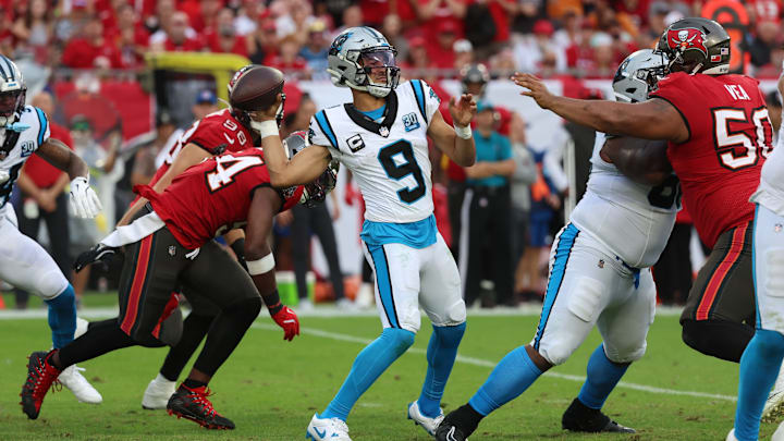 Dec 29, 2024; Tampa, Florida, USA; Carolina Panthers quarterback Bryce Young (9) throws the ball against the Tampa Bay Buccaneers during the second half at Raymond James Stadium.