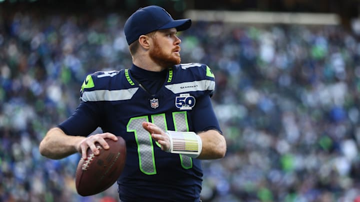 Jan 25, 2026; Seattle, WA, USA; Seattle Seahawks quarterback Sam Darnold (14) passes against the Los Angeles Rams during the first half in the 2026 NFC Championship Game at Lumen Field. Jan 25, 2026; Seattle, WA, USA; Seattle Seahawks quarterback Sam Darnold (14) passes against the Los Angeles Rams during the first half in the 2026 NFC Championship Game at Lumen Field.