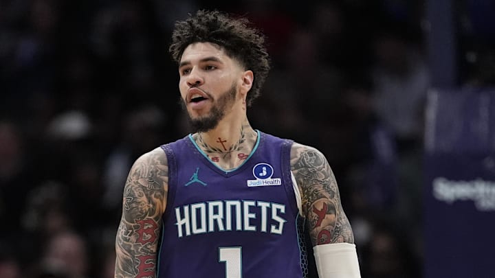 Mar 17, 2026; Charlotte, North Carolina, USA; Charlotte Hornets guard LaMelo Ball (1) reacts to his three point play during the second half against the Miami Heat at Spectrum Center. Mandatory Credit: Jim Dedmon-Imagn Images