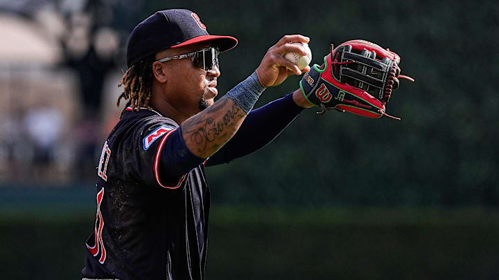 Cleveland Guardians third base José Ramírez (11) celebrates after catching a fly out against Detroit Tigers during the ninth inning at Comerica Park in Detroit on Thursday, Sept. 18, 2025.