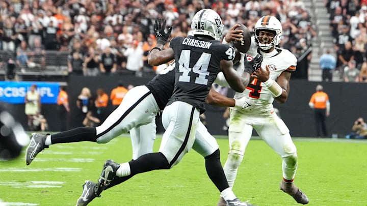 Sep 29, 2024; Paradise, Nevada, USA; Las Vegas Raiders defensive end Charles Snowden (49) and defensive end K'Lavon Chaisson (44) stop Cleveland Browns quarterback Deshaun Watson (4) in the fourth quarter at Allegiant Stadium. Mandatory Credit: Stephen R. Sylvanie-Imagn Images Sep 29, 2024; Paradise, Nevada, USA; Las Vegas Raiders defensive end Charles Snowden (49) and defensive end K'Lavon Chaisson (44) stop Cleveland Browns quarterback Deshaun Watson (4) in the fourth quarter at Allegiant Stadium. Mandatory Credit: Stephen R. Sylvanie-Imagn Images