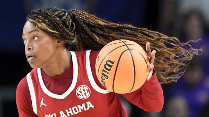 Oklahoma Sooners forward Sahara Williams (6) drives to the basket March 6, during the SEC Women's Basketball Tournament quarterfinals game against LSU at Bon Secours Wellness Arena in Greenville, South Carolina.