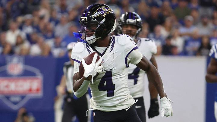 Sep 13, 2026; Indianapolis, Indiana, USA; Baltimore Ravens wide receiver Zay Flowers (4) runs with the ball for a touchdown against the Indianapolis Colts at Lucas Oil Stadium. Mandatory Credit: Trevor Ruszkowski-Imagn Images Sep 13, 2026; Indianapolis, Indiana, USA; Baltimore Ravens wide receiver Zay Flowers (4) runs with the ball for a touchdown against the Indianapolis Colts at Lucas Oil Stadium. Mandatory Credit: Trevor Ruszkowski-Imagn Images