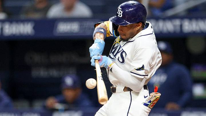 Sep 16, 2026; St. Petersburg, Florida, USA; Tampa Bay Rays left fielder Chandler Simpson (14) breaks his bat on a single against the Oakland Athletics in the third inning at Tropicana Field. Mandatory Credit: Nathan Ray Seebeck-Imagn Images