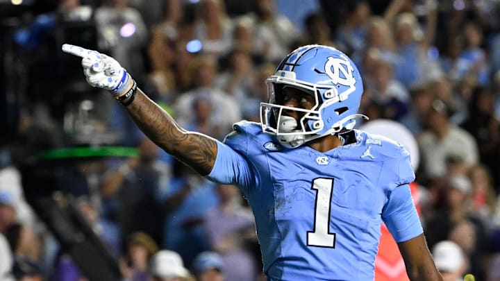 Sep 1, 2025; Chapel Hill, North Carolina, USA; North Carolina Tar Heels wide receiver Jordan Shipp (1) signals firts down in the first quarter at Kenan Stadium. Mandatory Credit: Bob Donnan-Imagn Images